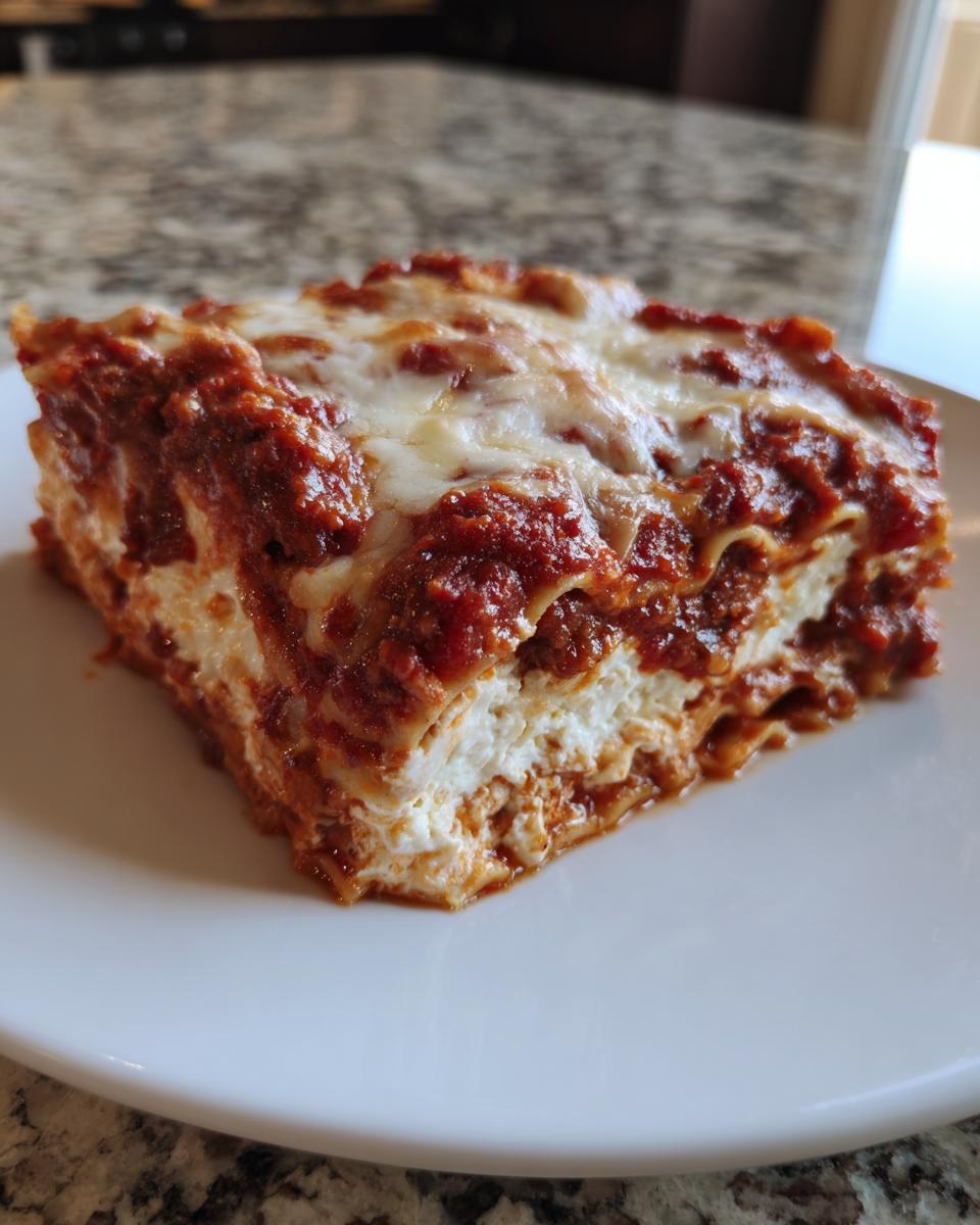 A close-up of a square slice of lasagna with cottage cheese, rich red sauce, and melted mozzarella topping.