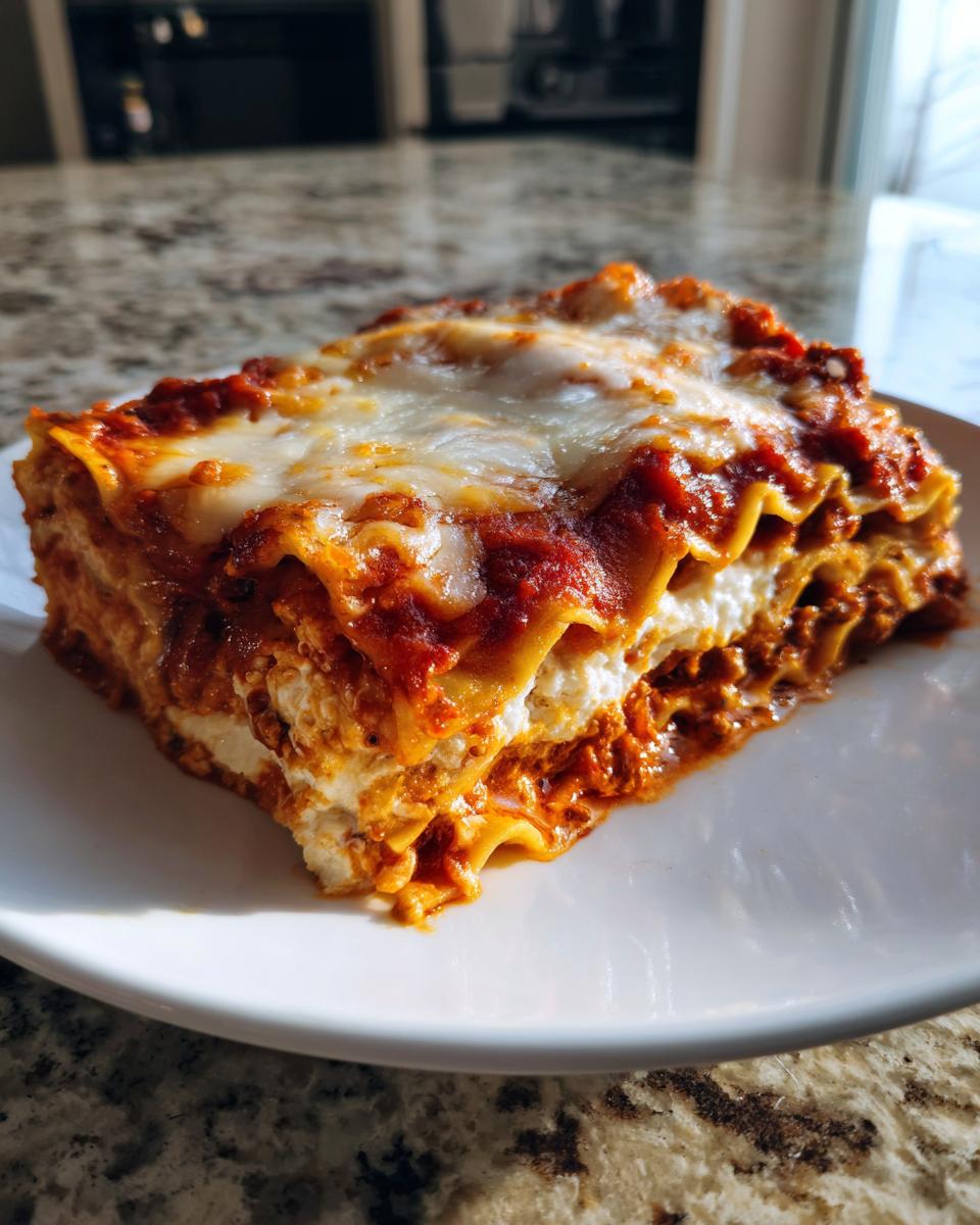 A thick, layered slice of Lasagna with Cottage Cheese, covered in melted mozzarella and rich tomato sauce.