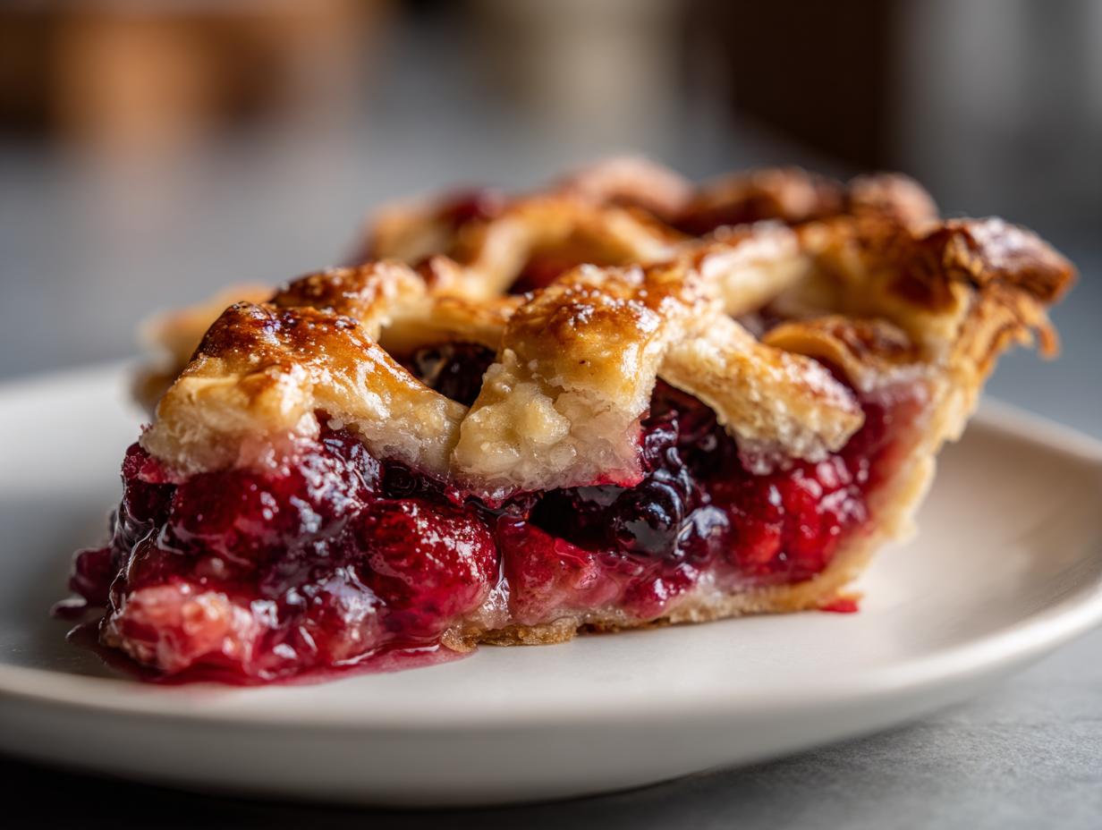 A close-up of a slice of homemade berry pie showing juicy red filling and a golden lattice crust.