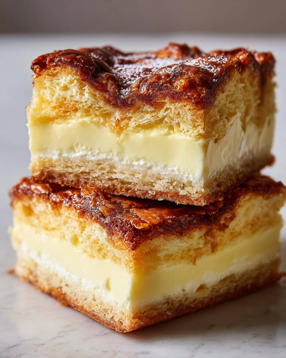 Two stacked slices of rich bee sting cake showing layers of pastry, cream filling, and caramelized topping.