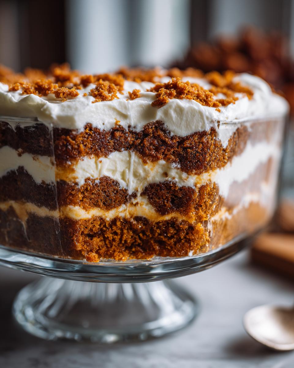 Close-up of a layered gingerbread trifle showing dark cake and white cream layers, topped with crumbs.