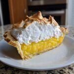 A tall slice of vibrant yellow lemon meringue pie with perfectly toasted meringue peaks.