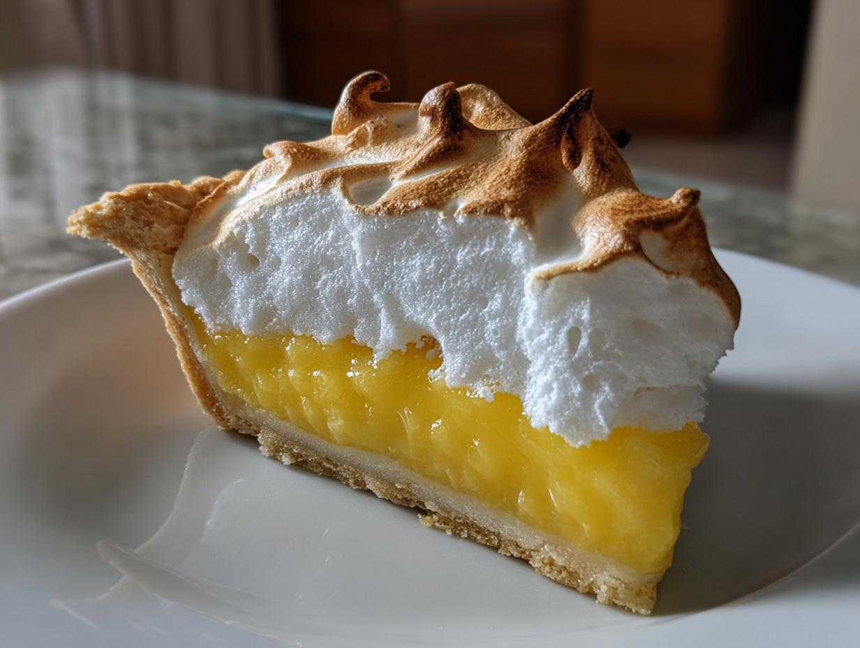 A close-up slice of lemon meringue pie showing bright yellow curd, flaky crust, and perfectly toasted meringue peaks.