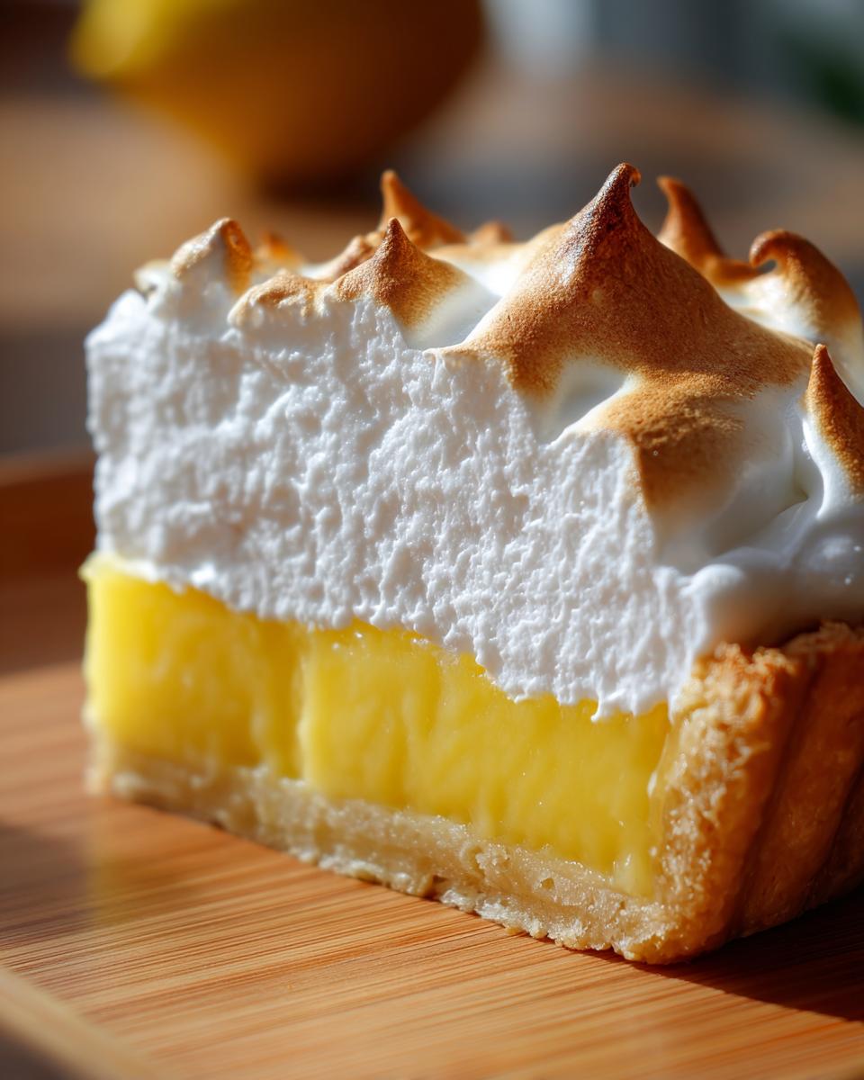 Close-up of a thick slice of lemon meringue pie showing bright yellow curd, crust, and tall, torched meringue peaks.