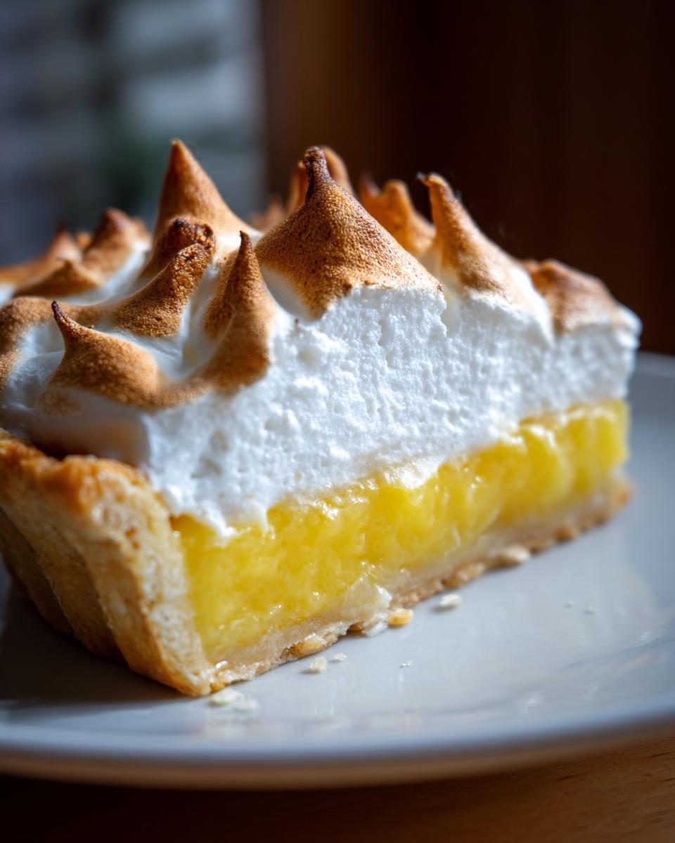 Close-up of a slice of lemon meringue pie showing bright yellow curd and tall, torched meringue peaks.