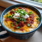 A close-up of a hearty bowl of Loaded Baked Potato Soup topped with melted cheddar, bacon bits, sour cream, and chives.
