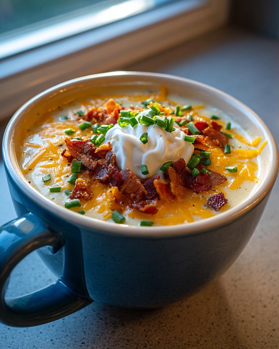 A close-up of rich Loaded Baked Potato Soup topped with sour cream, bacon bits, cheese, and chives.