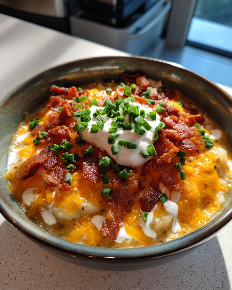 A hearty bowl of Loaded Baked Potato Soup topped with melted cheddar, bacon bits, sour cream, and fresh chives.