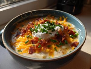 A close-up of a bowl of creamy Loaded Baked Potato Soup topped with cheddar cheese, bacon, sour cream, and chives.