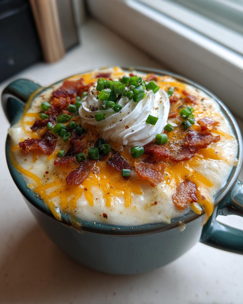 A close-up of rich Loaded Baked Potato Soup in a mug, topped with melted cheddar, bacon bits, sour cream, and chives.