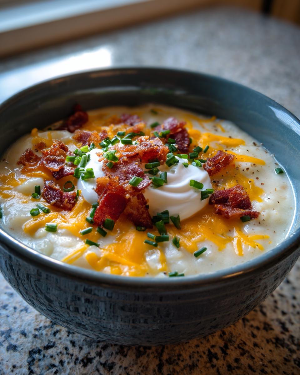 A close-up of a bowl of creamy Loaded Baked Potato Soup topped with cheddar cheese, sour cream, bacon bits, and chives.