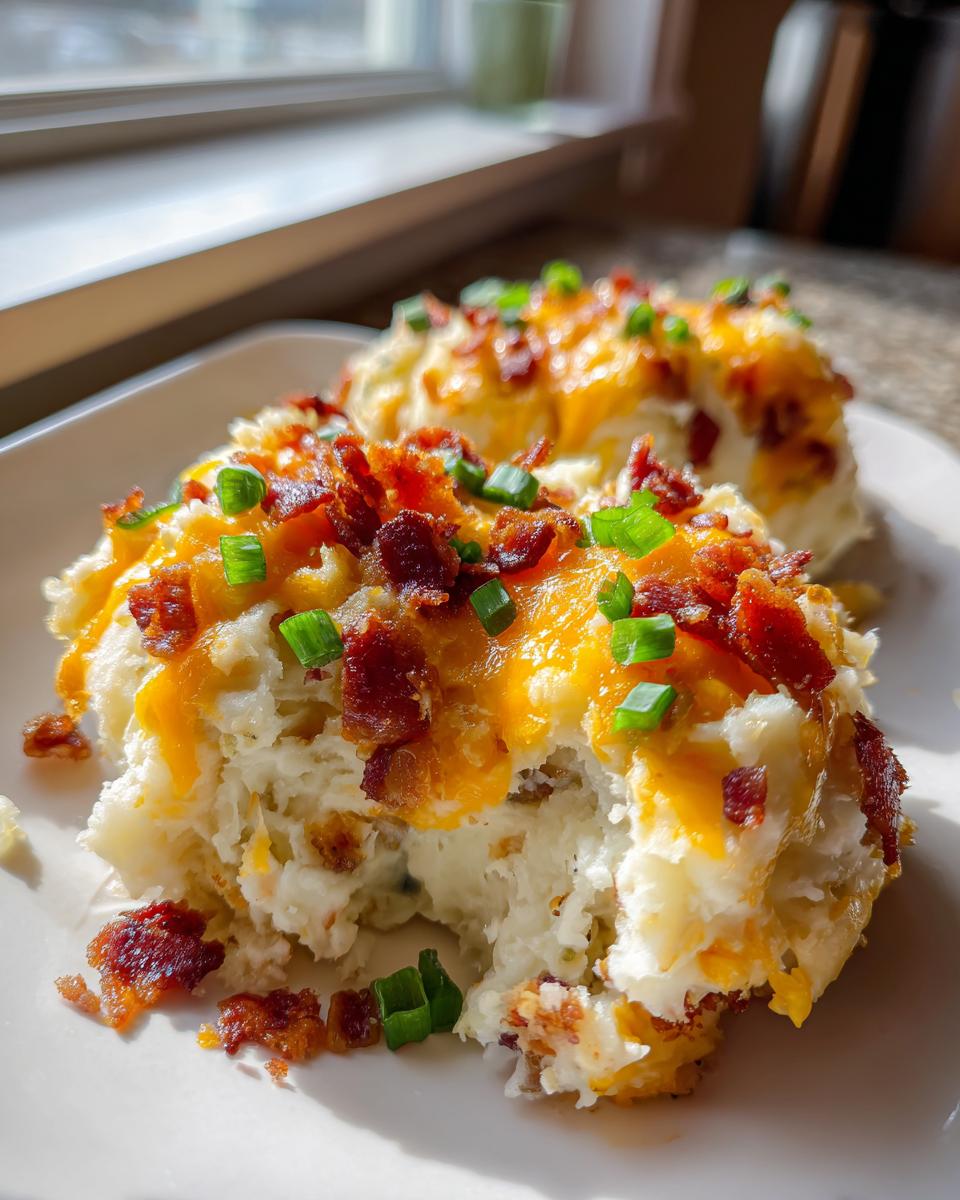 Two servings of loaded mashed potato casserole topped with melted cheddar cheese, crispy bacon bits, and green onions.