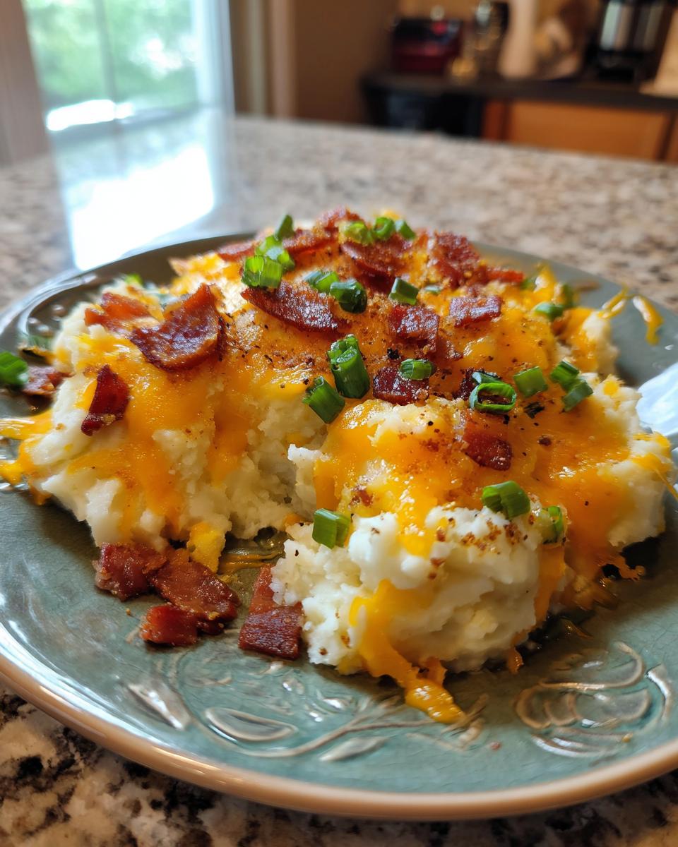 A serving of loaded mashed potato casserole topped with melted cheddar cheese, bacon bits, and green onions.