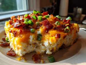 A hearty slice of loaded mashed potato casserole topped with melted cheddar cheese, crispy bacon, and green onions.