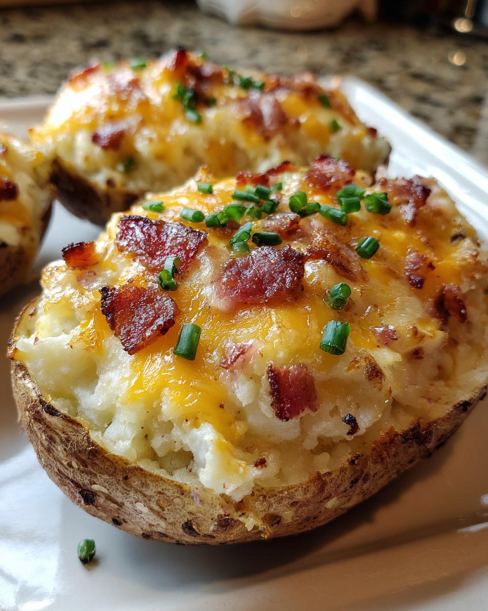 A close-up of a loaded twice baked potatoes, topped with melted cheddar cheese, bacon bits, and fresh chives.