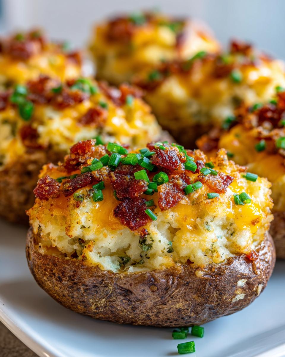 A close-up of a perfectly loaded twice baked potatoes, topped with melted cheddar cheese, crispy bacon bits, and fresh chives.
