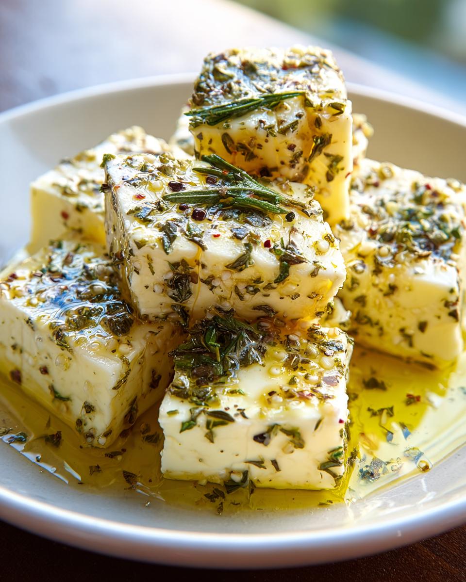 Close-up of cubes of marinated cheese appetizer soaking in olive oil with visible herbs and rosemary sprigs.