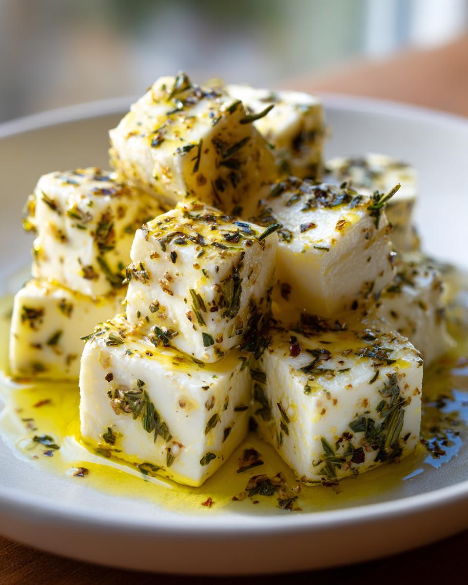 Close-up of cubed white cheese generously coated in oil and mixed herbs, served as a marinated cheese appetizer.