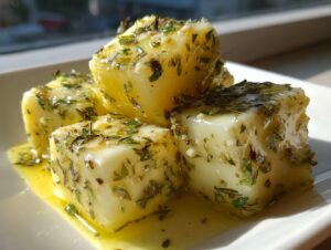 Close-up of cubes of white cheese soaking in olive oil and covered in dried green herbs, perfect as a marinated cheese appetizer.