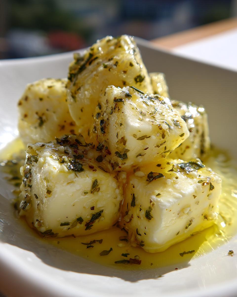 Close-up of cubes of marinated cheese appetizer glistening in olive oil with visible green herbs and spices.