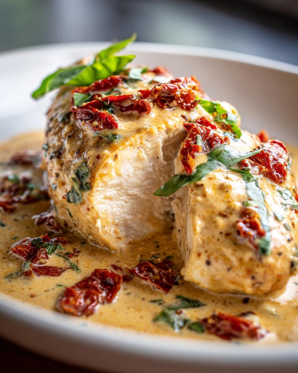 Close-up of juicy Marry Me Chicken breast cut open, covered in creamy sauce, sun-dried tomatoes, and fresh basil.