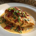 A perfectly cooked piece of Marry Me Chicken smothered in creamy sauce, topped with sun-dried tomatoes and fresh basil.