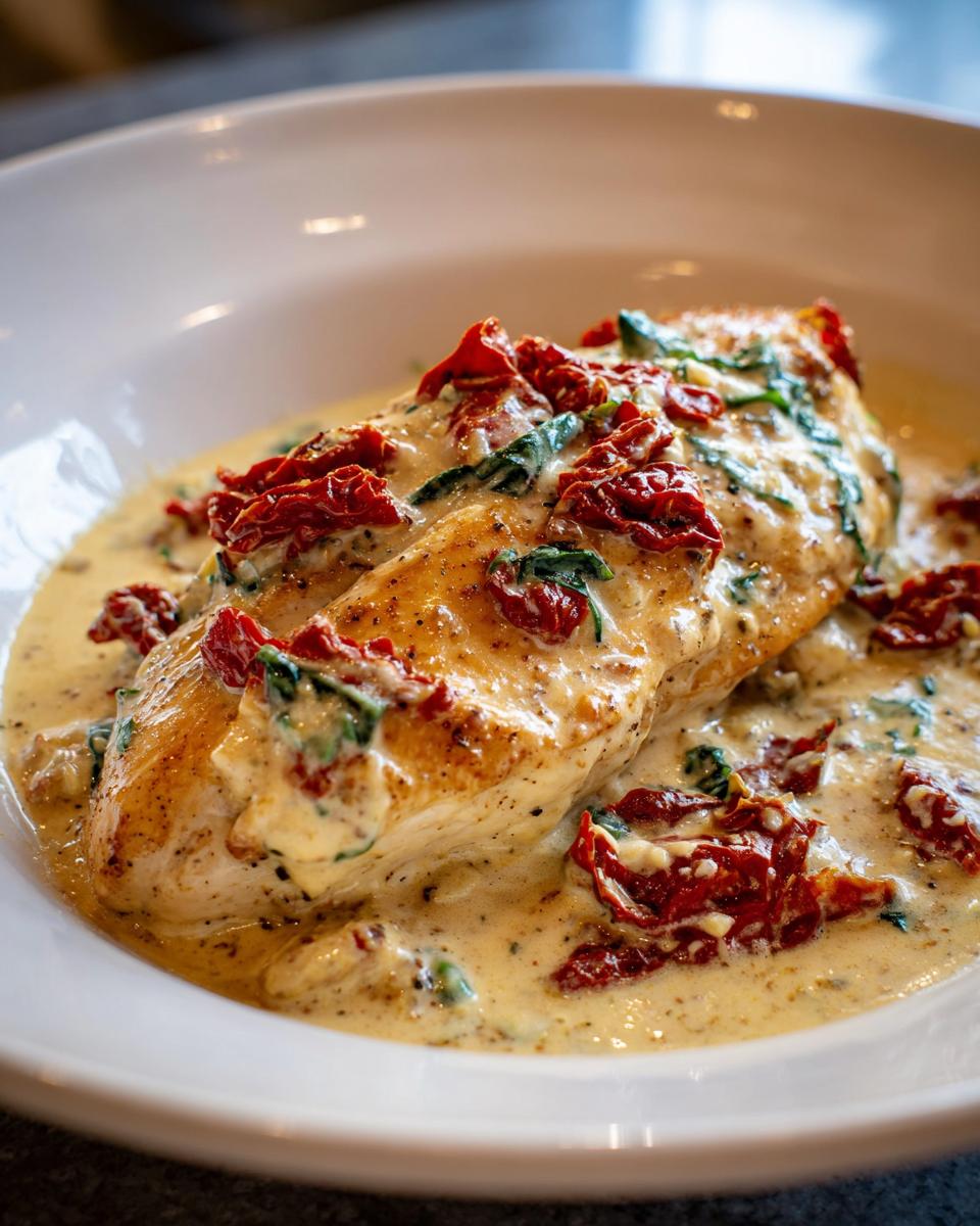 Close-up of Marry Me Chicken breast covered in creamy sauce with sun-dried tomatoes and spinach.