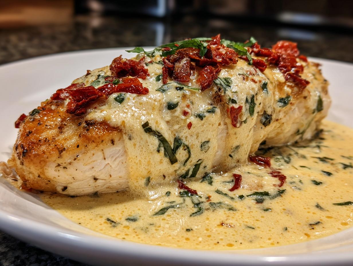 A perfectly cooked chicken breast smothered in creamy sauce, sun-dried tomatoes, and herbs, representing Marry Me Chicken.