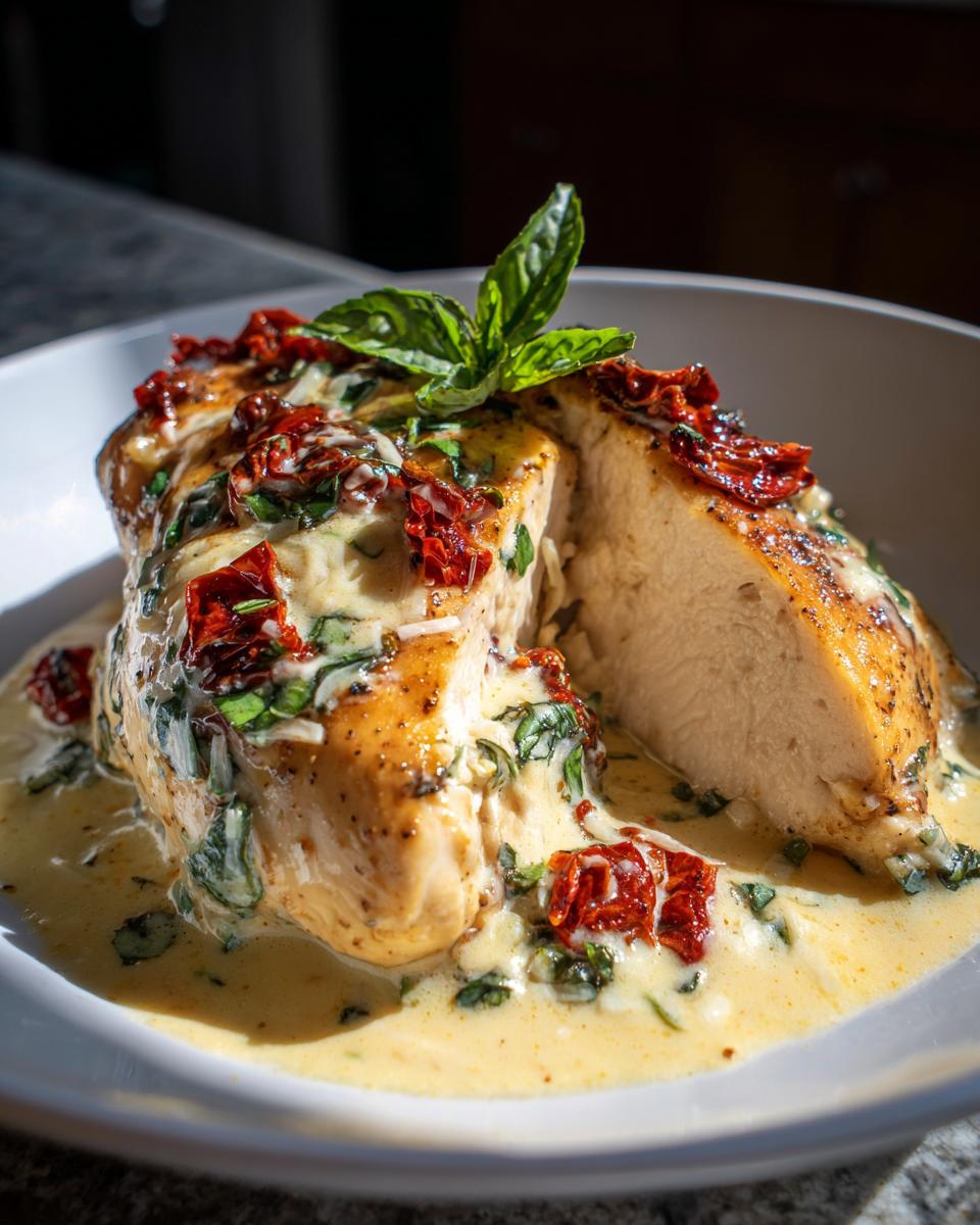 A close-up of Marry Me Chicken, sliced to show the moist interior, covered in a creamy sauce with sun-dried tomatoes and basil.