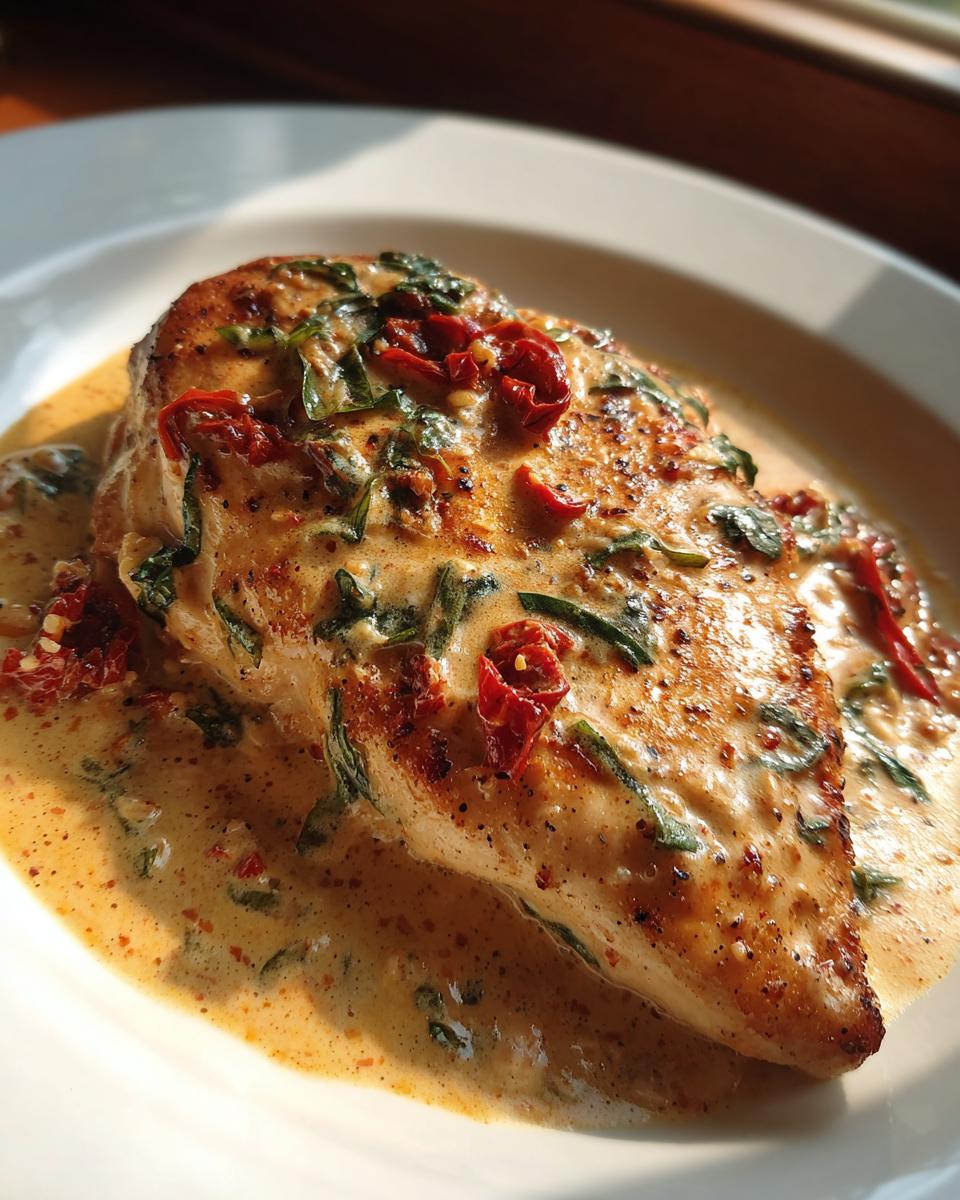 A close-up of a golden-brown Marry Me Chicken breast smothered in creamy sauce with sun-dried tomatoes and spinach.