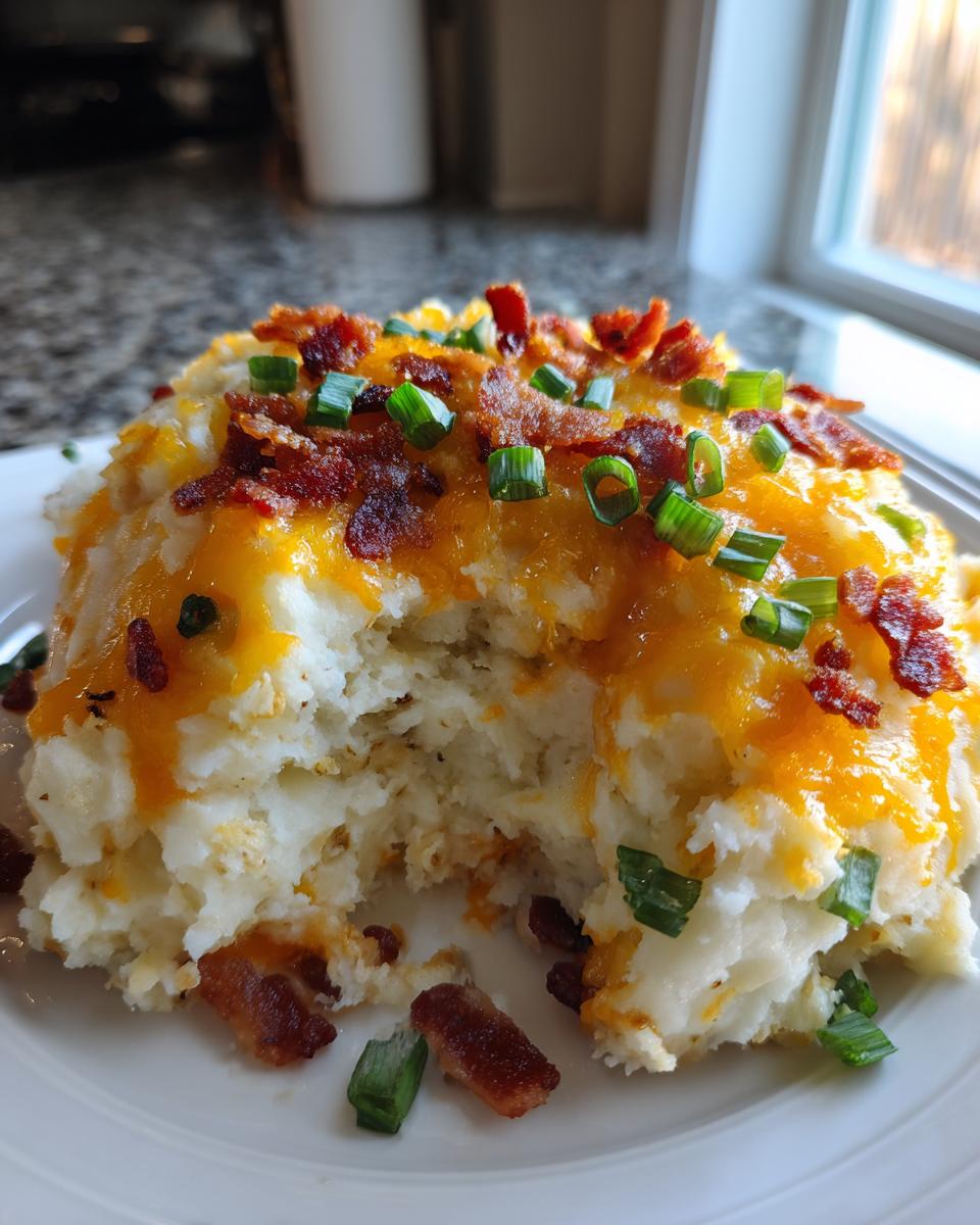 A scoop of creamy mashed potato casserole topped with melted cheddar cheese, bacon bits, and fresh green onions.