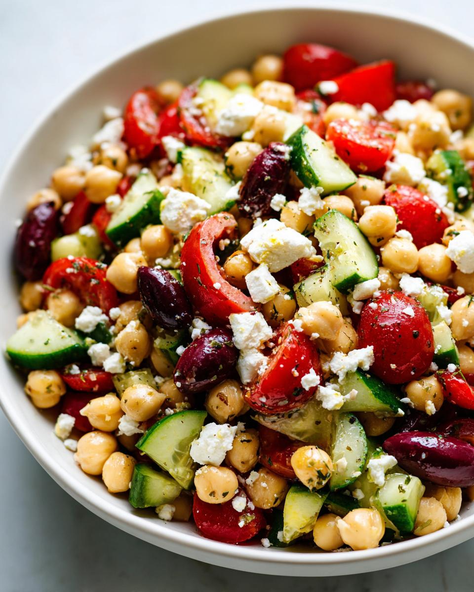 Close-up of a vibrant mediterranean chickpea salad featuring chickpeas, tomatoes, cucumbers, olives, and feta cheese.