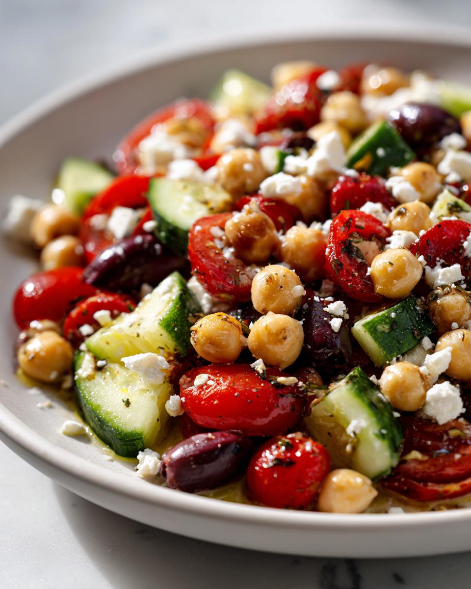 Close-up of a vibrant mediterranean chickpea salad featuring chickpeas, tomatoes, cucumbers, olives, and feta cheese.