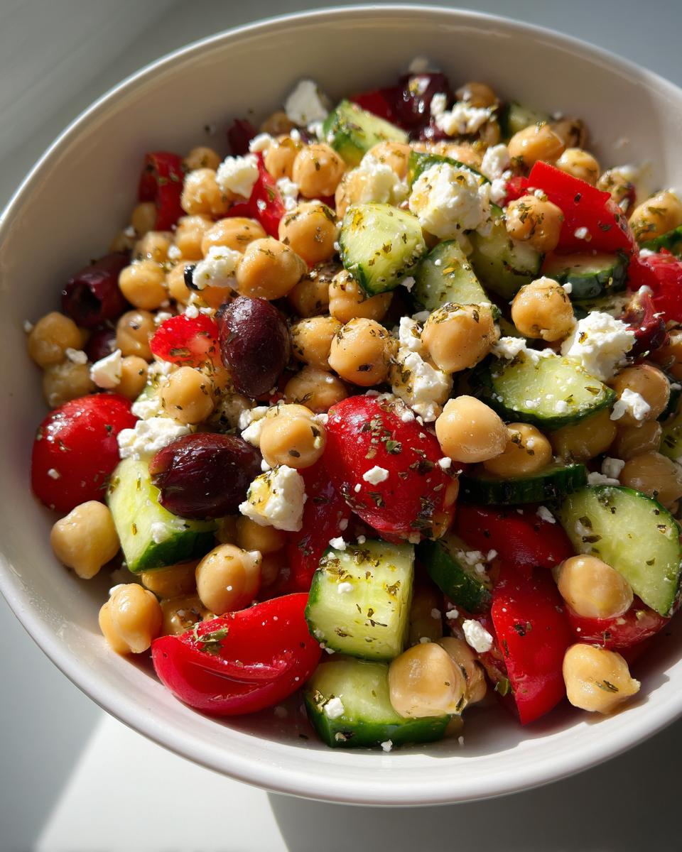 Close-up of a bowl filled with mediterranean chickpea salad featuring chickpeas, cucumber, tomato, feta, and olives.