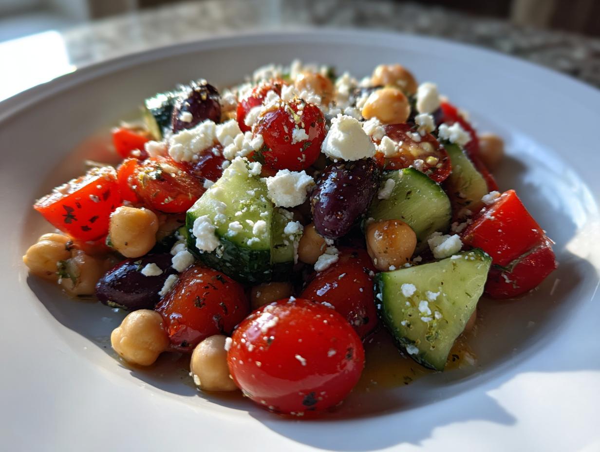 A vibrant close-up of mediterranean chickpea salad featuring chickpeas, cherry tomatoes, cucumbers, olives, and feta cheese.