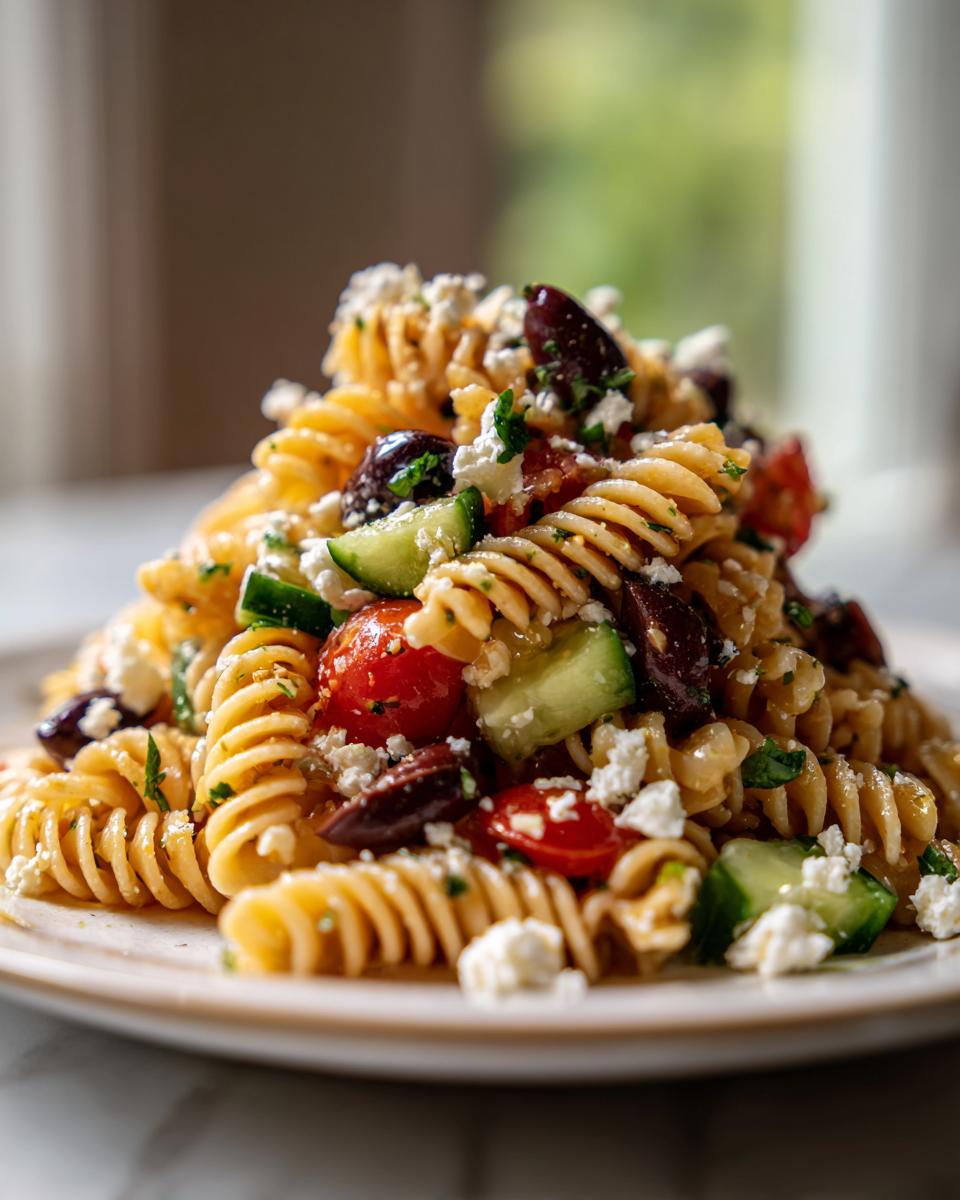 A close-up of a mound of mediterranean pasta salad featuring fusilli pasta, cucumbers, tomatoes, olives, and feta cheese.