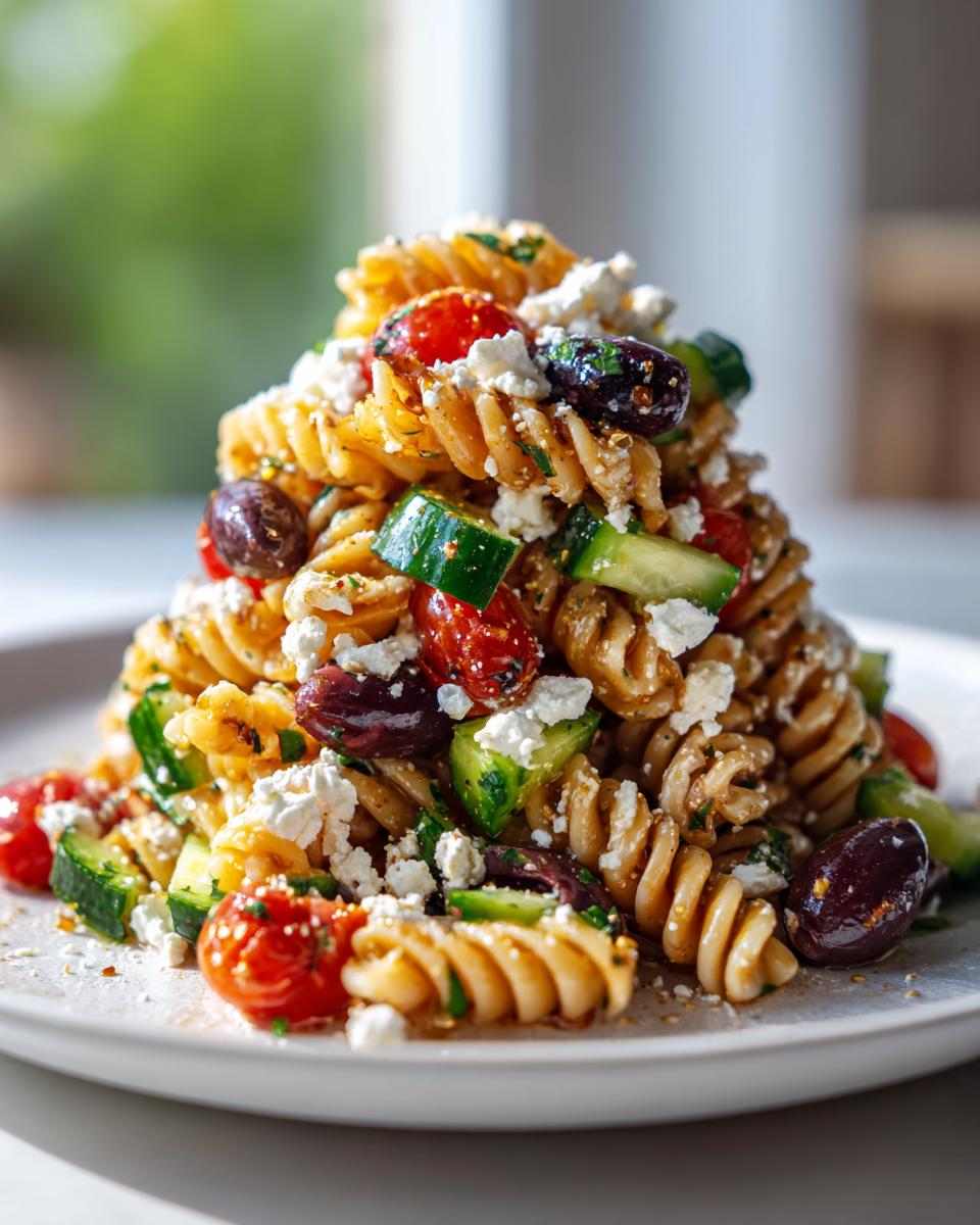 A vibrant mound of mediterranean pasta salad featuring rotini pasta, cherry tomatoes, cucumber chunks, Kalamata olives, and crumbled feta cheese.