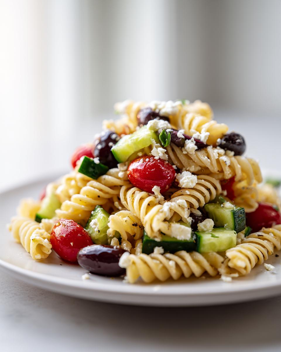 A close-up of a serving of mediterranean pasta salad featuring rotini pasta, cherry tomatoes, cucumbers, Kalamata olives, and feta cheese.
