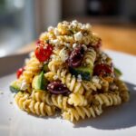 A close-up, appetizing serving of mediterranean pasta salad featuring fusilli pasta, zucchini, cherry tomatoes, Kalamata olives, and crumbled feta cheese.