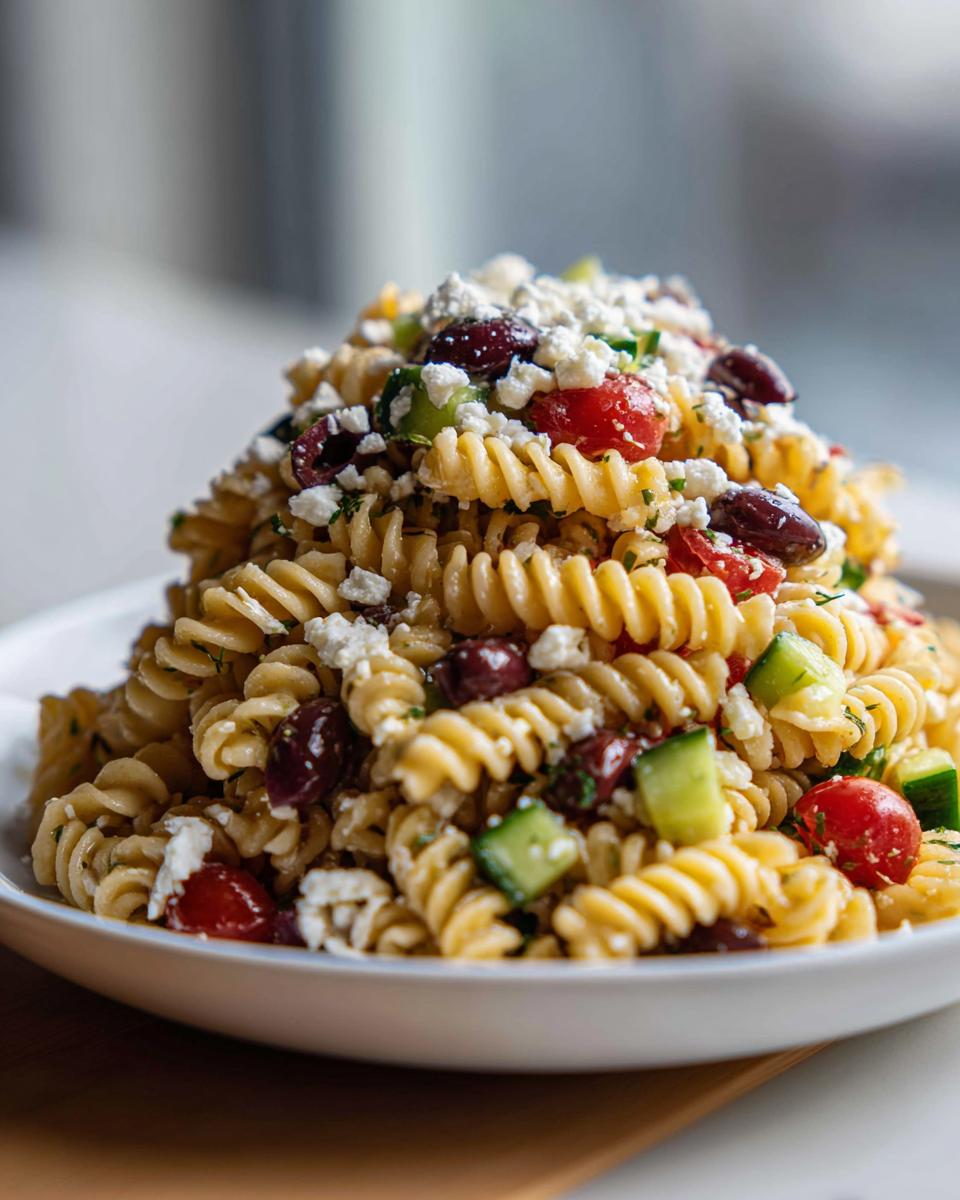 A close-up shot of a towering serving of mediterranean pasta salad featuring rotini pasta, feta cheese, olives, and cucumber.
