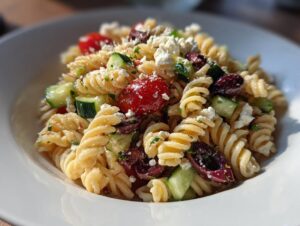 A close-up of a bowl filled with vibrant mediterranean pasta salad featuring fusilli, cherry tomatoes, cucumber, olives, and feta.