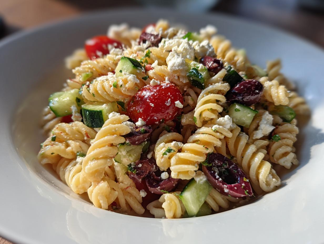 A close-up of a bowl filled with vibrant mediterranean pasta salad featuring fusilli, cherry tomatoes, cucumber, olives, and feta.