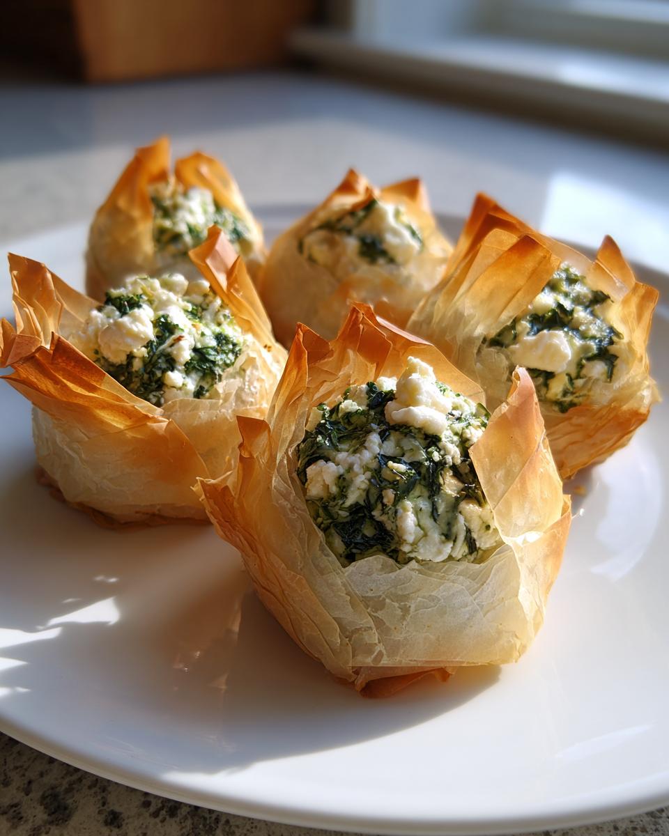 Five golden, crispy Mediterranean Spinach and Feta Cheese Crisps served on a white plate.