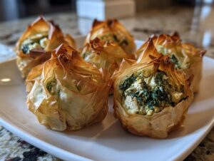 Close-up of golden, flaky Mediterranean Spinach and Feta Cheese Crisps served on a white plate.