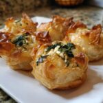 Close-up of golden, flaky Mediterranean Spinach and Feta Cheese Crisps served on a white plate.