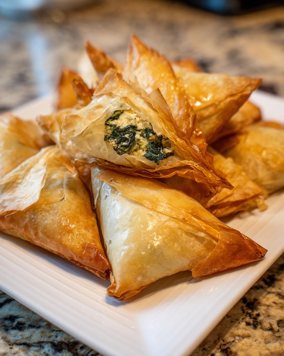 Close-up of golden, flaky Mediterranean Spinach and Feta Cheese Crisps piled on a white plate.