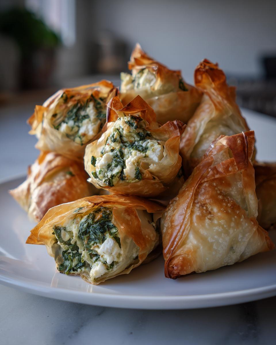 A stack of golden, flaky Mediterranean Spinach and Feta Cheese Crisps filled with spinach and white cheese.