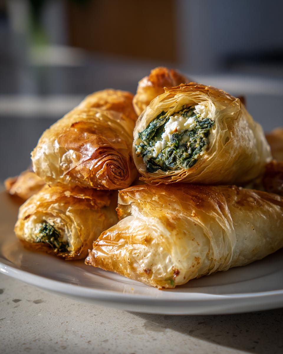 A stack of golden brown Mediterranean Spinach and Feta Cheese Crisps on a white plate, one is cut open showing the filling.