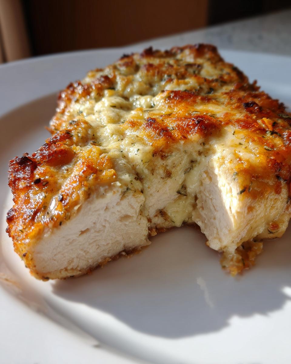 Close-up of a thick piece of melt in your mouth chicken, cut open to show the juicy white meat and cheesy topping.