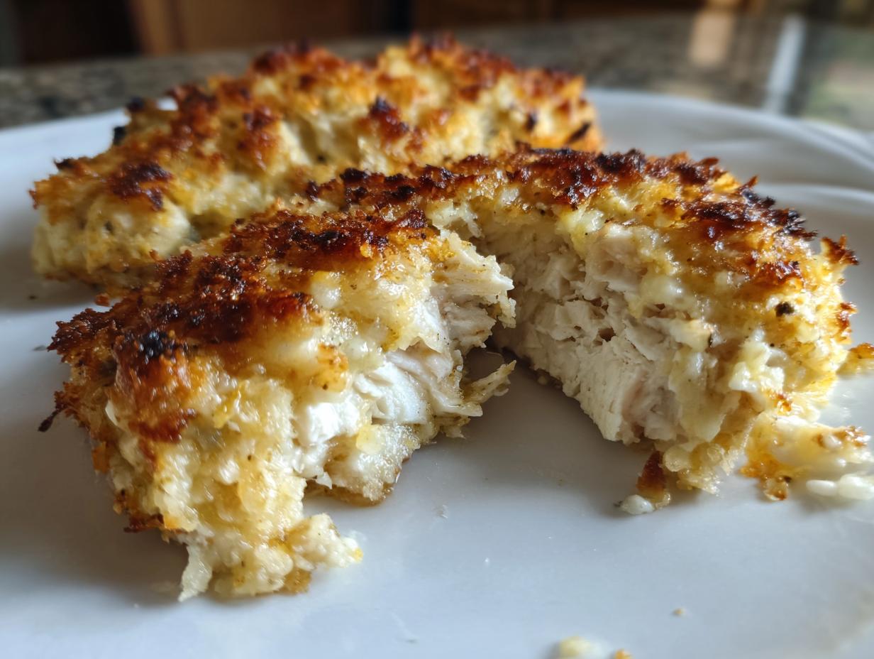 Cross-section of crispy, golden-brown melt in your mouth chicken showing moist, tender white meat inside.